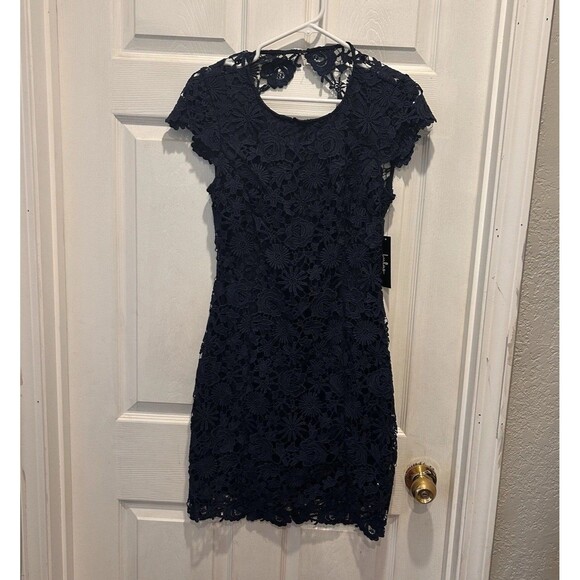 LULUS Dress Love Poem Crochet Lace Mini Open Back Navy Blue Medium NWT Wedding - Picture 1 of 8